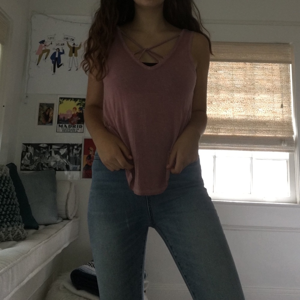 red tank top with super cool neckline